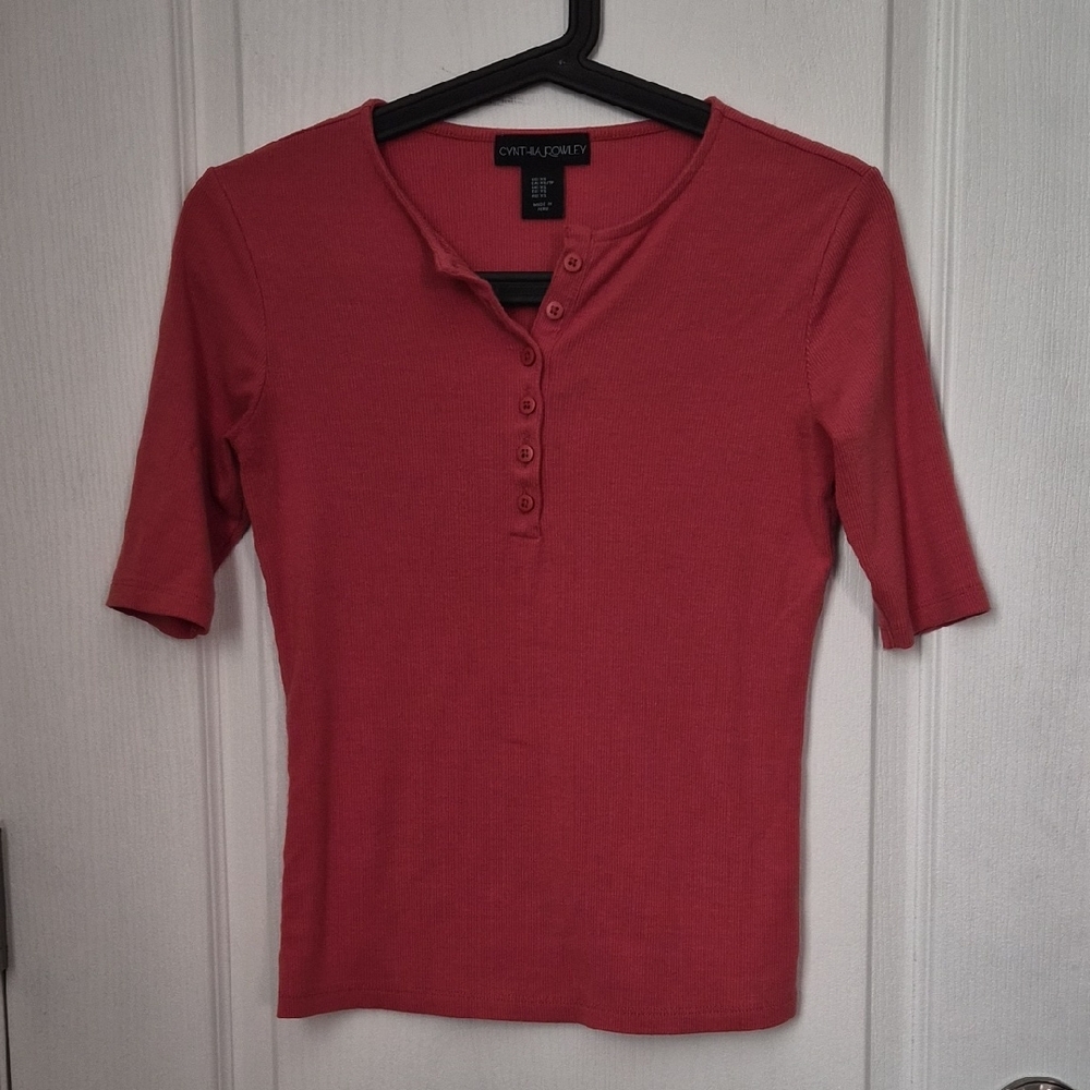 Cynthia Rowley Coral Buttoned Short Sleeve Tee